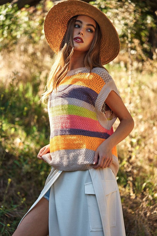 Women's Casual Crochet Multi Striped Sweater Vest