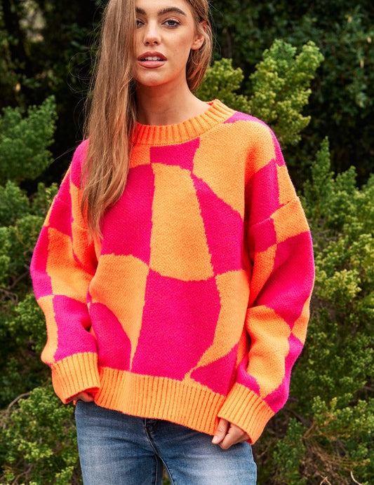 Multi Geo Checker Pullover Knit Sweater Top