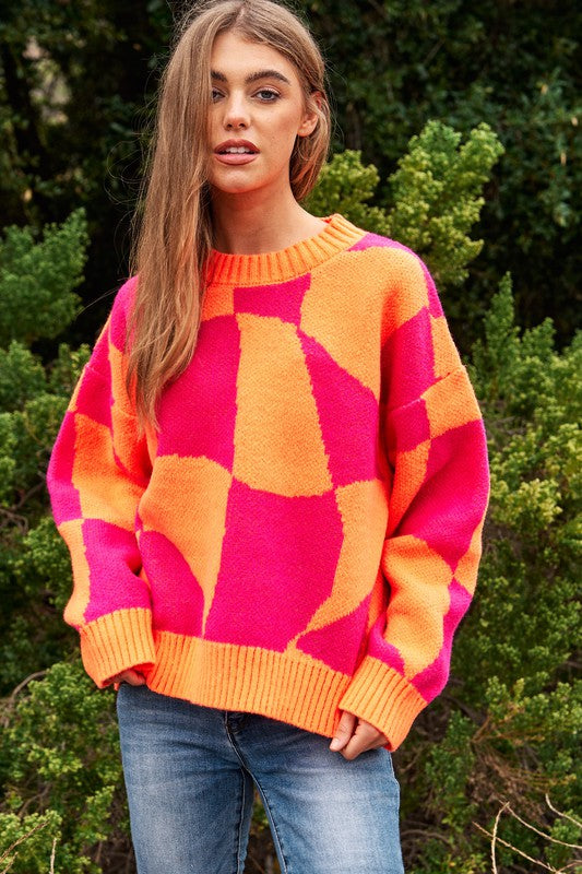 Women's Oversized Geo Checker Knit Sweater Top