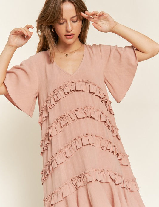 Women's Tiered Ruffle Mini Dress with Flare Sleeves