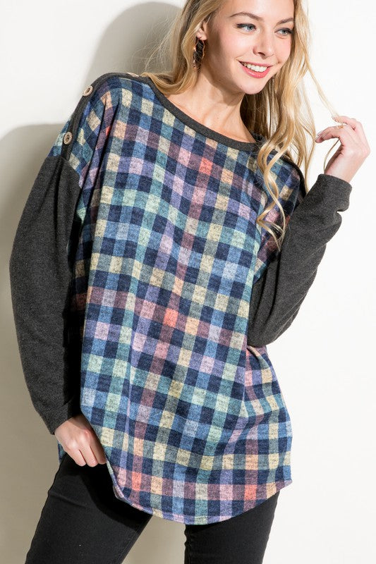 Women's Loose Fit Plaid Mixed Long Sleeve Top