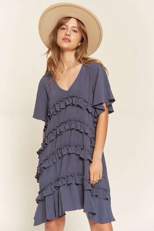 Women's Tiered Ruffle Mini Dress with Flare Sleeves