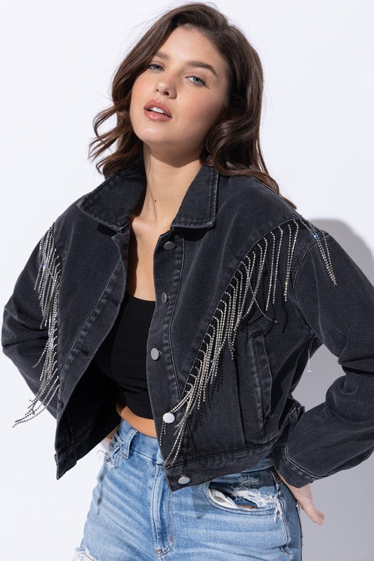 Women's Loose Fit Crop Denim Jacket with Rhinestone Fringe