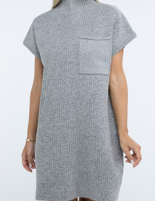 Mock Neck Short Sleeve Sweater Dress with Pocket