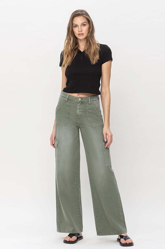 Women's High Rise Utility Cargo Wide Leg Jeans