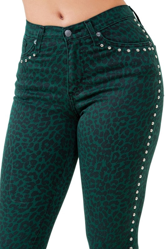 Women's Burgundy Leopard Print High Rise Bell Bottom Jeans