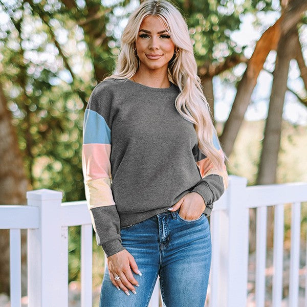 Women's Gray Colorblock Long Sleeve Pullover Sweatshirt