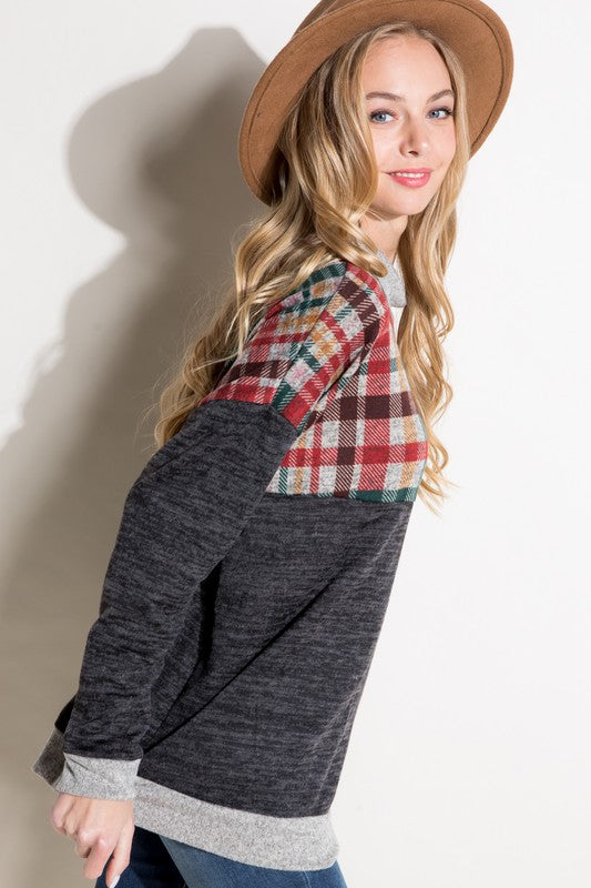 Women's Casual Loose Fit Mock Neck Plaid Top