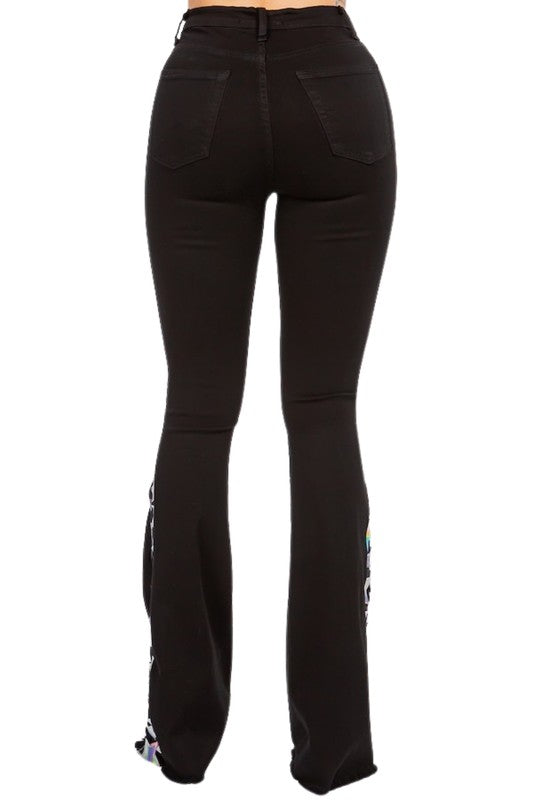 Women's High Rise Black Bell Bottom Jeans with Star Embellishments