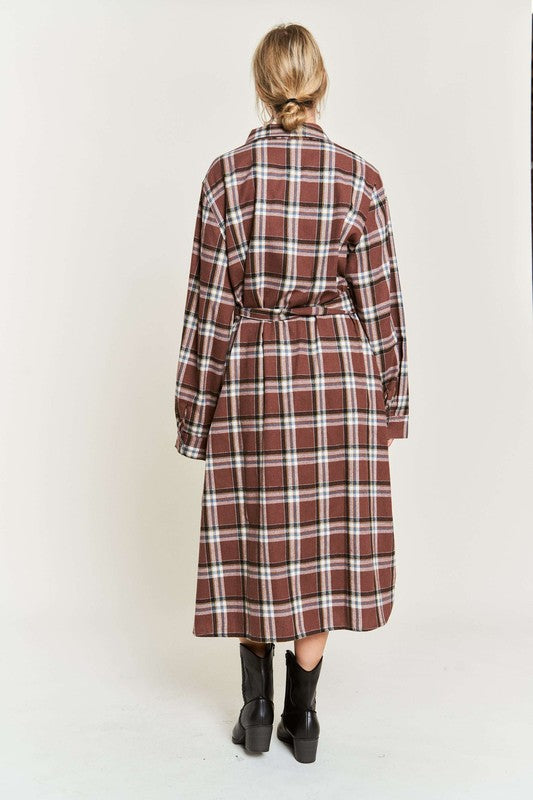 Women's Belted Plaid Print Long Shirt Dress