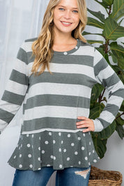 Women's Casual Loose Fit Polka Dot Stripe Tunic Top