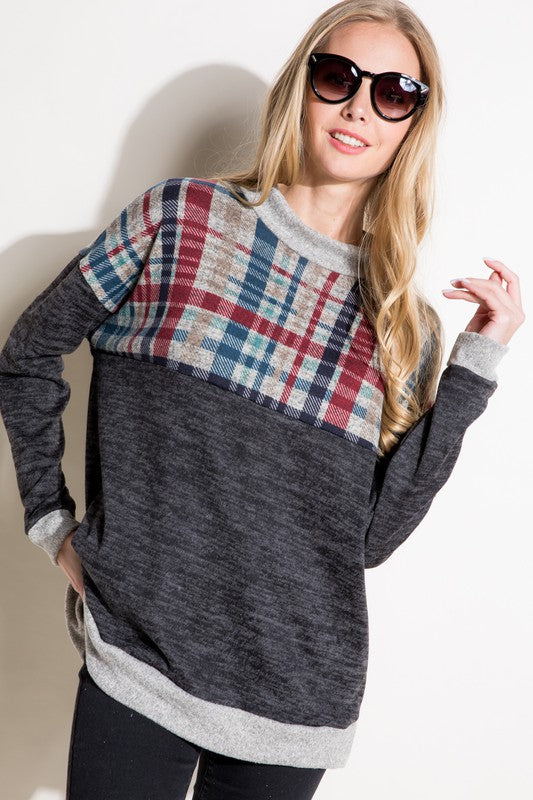 Plus Size Women's Casual Plaid Mock Neck Long Sleeve Top