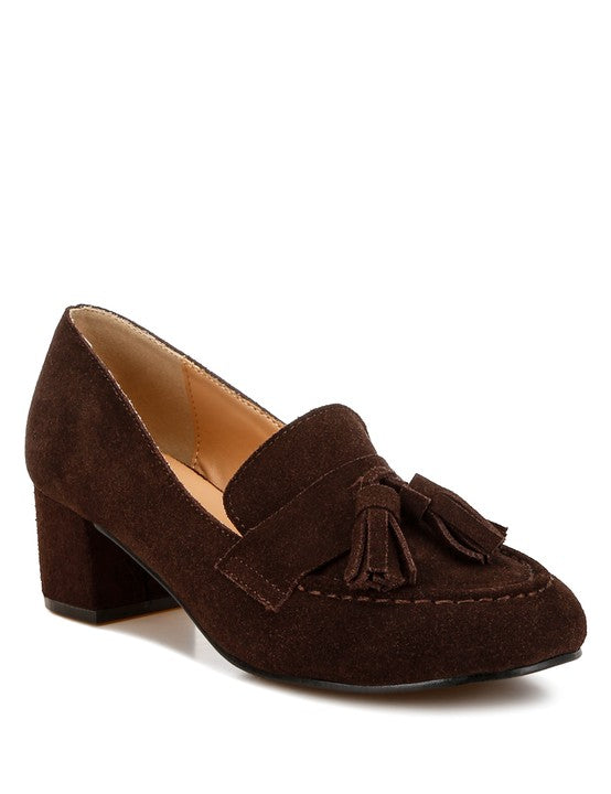 Women's Casual Genuine Suede Block Heel Loafers with Tassels