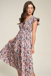 Women's Vintage Floral Flutter Smocking Midi Dress