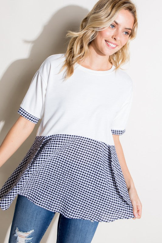 Women's Casual Checker and Solid Mix Tunic Top