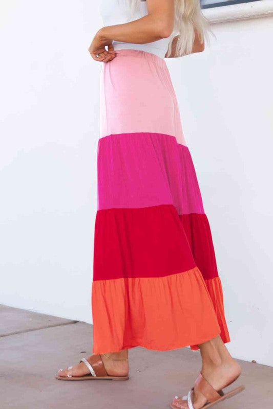 Women's Casual Color Block Tiered Maxi Skirt