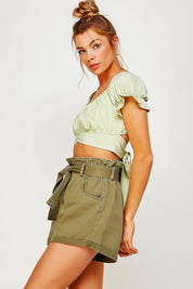 Women's Pleated Off Shoulder Crop Top with Back Ribbon Tie