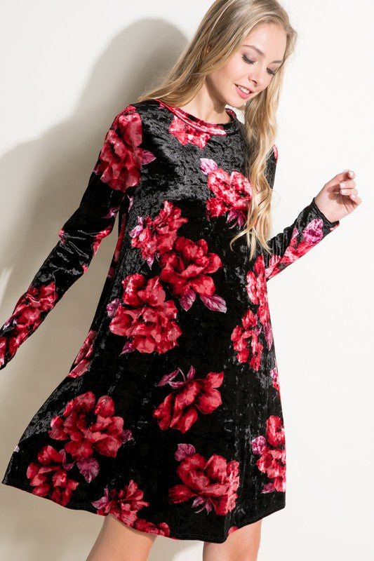 Women's Loose Fit Floral Print Velvet Swing Mini Dress