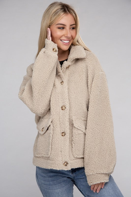 Women's Relaxed Fit Cozy Sherpa Button-Front Jacket