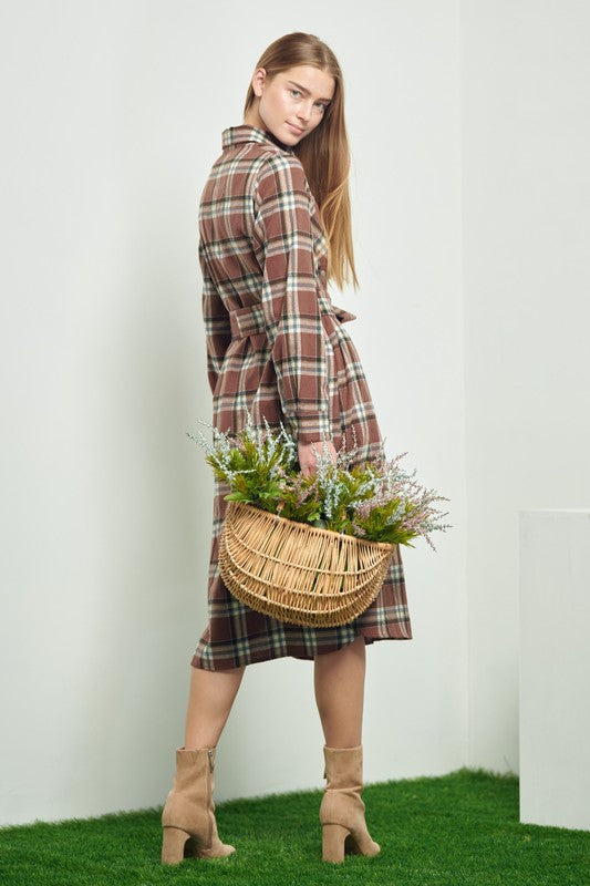 Women's Belted Plaid Print Long Shirt Dress