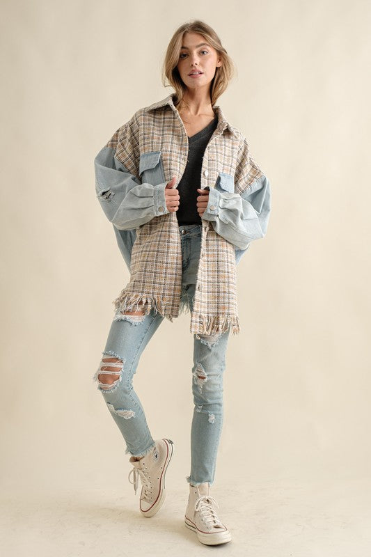 Women's Oversized Tweed Denim Shacket with Fringed Hem