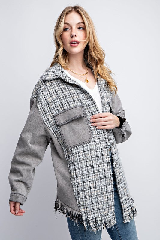 Women's Oversized Tweed Denim Shacket with Fringed Hem