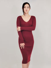 Women's V-Neck Ribbed Knit Midi Sweater Dress