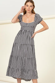 Women's Boho Gingham Print Maxi Dress with Tie Back