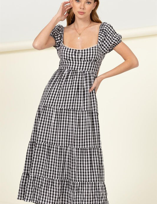 Somewhere to Go Tie-Back Gingham Print Maxi Dress