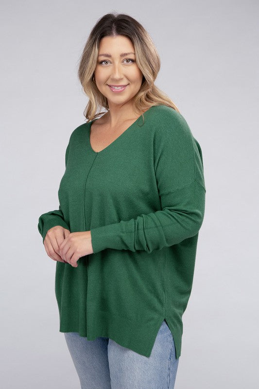 Women's Plus Oversized V-Neck Garment Dyed Sweater