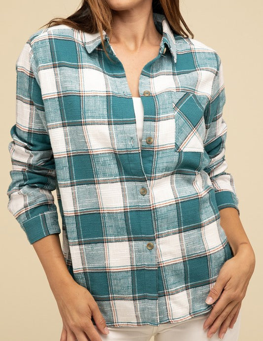 Cotton Plaid Shacket With Front Pocket