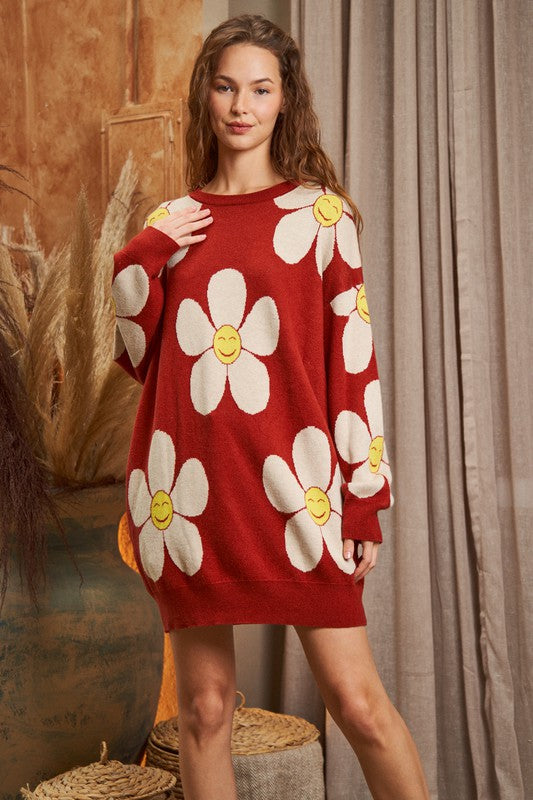 Women's Happy Face Floral Print Knit Sweater Dress