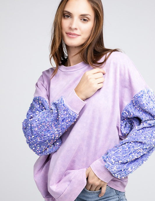 Women's Loose Fit Velvet Sequin Sleeve Sweater Top