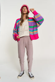 Women's Relaxed Fit Chunky Knit Multi-Striped Cardigan