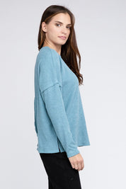 Women's Oversized Ribbed Melange Hacci Sweater with Pocket