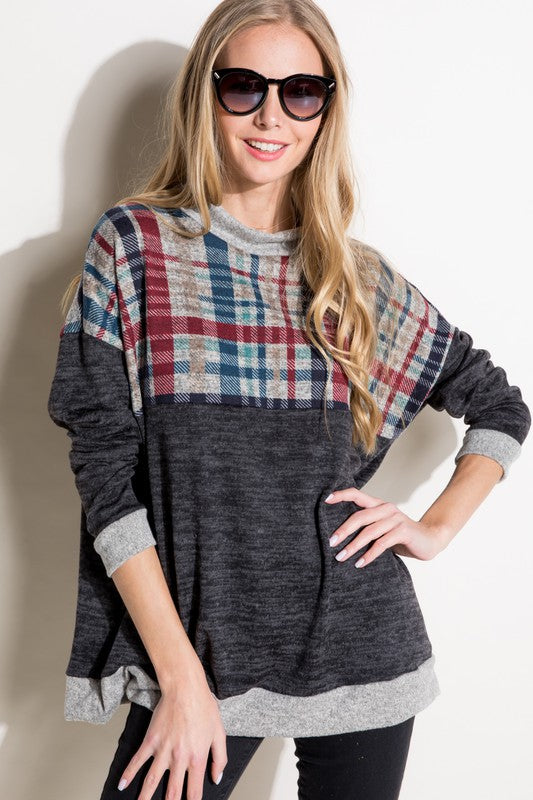 Plus Size Women's Casual Plaid Mock Neck Long Sleeve Top