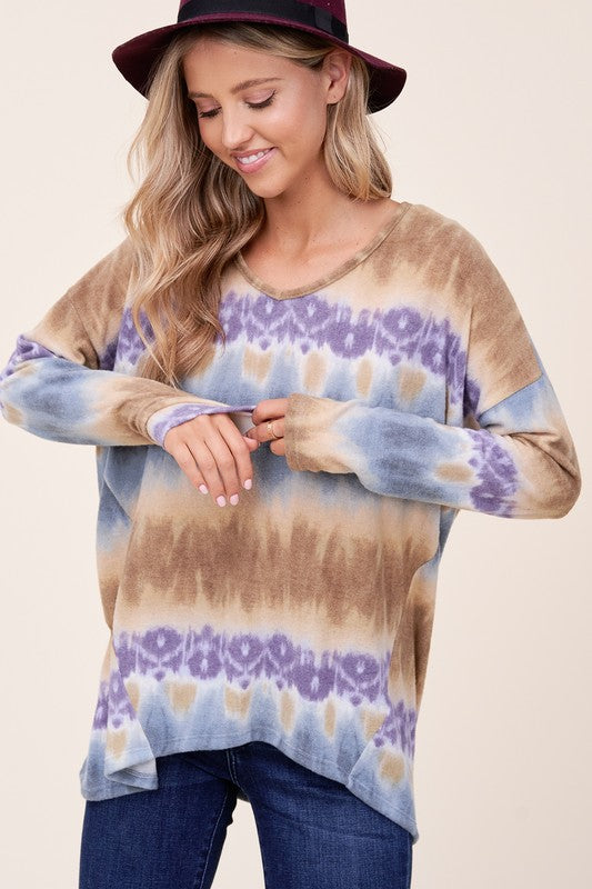 Women's Casual Loose Fit Tie Dye V Neck Boxy Top