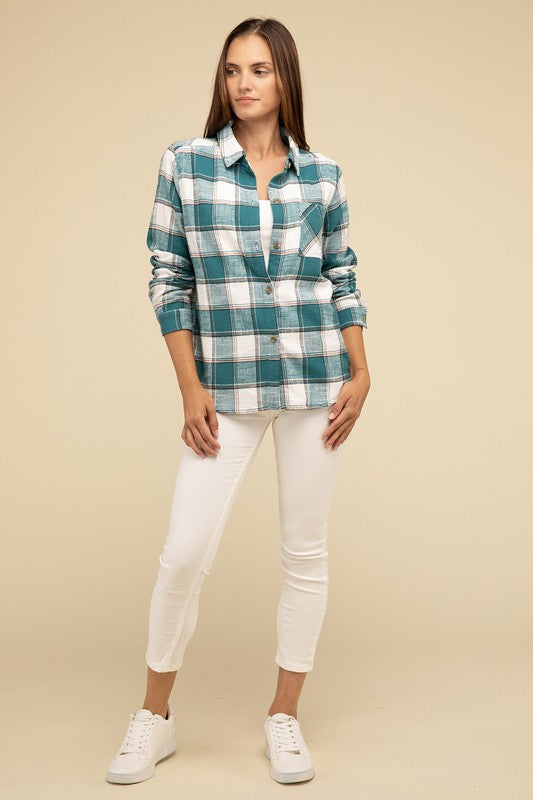 Cotton Plaid Shacket With Front Pocket