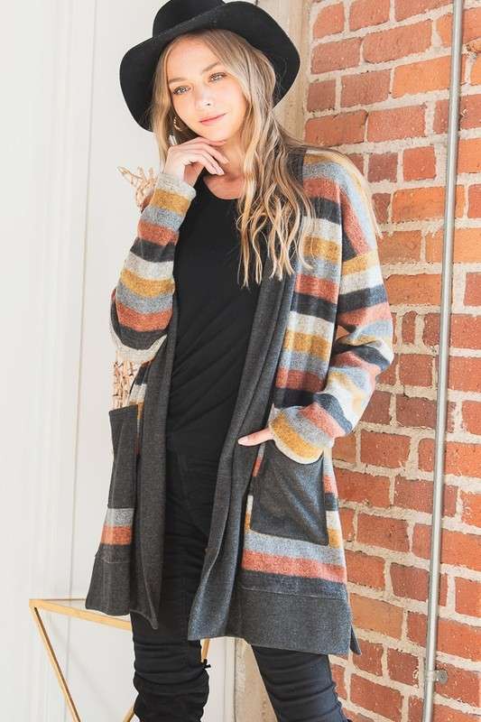 Women's Multi Color Striped Open Cardigan