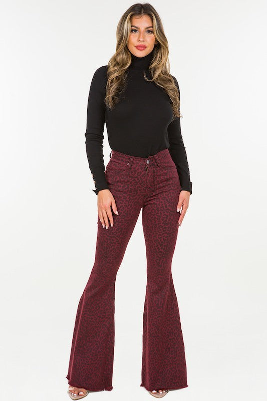 Women's High Rise Leopard Print Bell Bottom Jeans