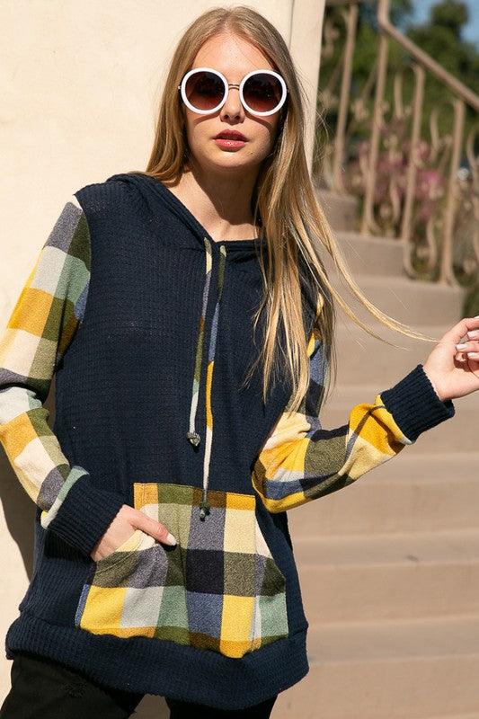 Women's Casual Loose Fit Plaid Mixed Hoodie Sweatshirt