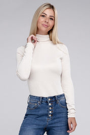 Women's Relaxed Ribbed Turtle Neck Long Sleeve Top