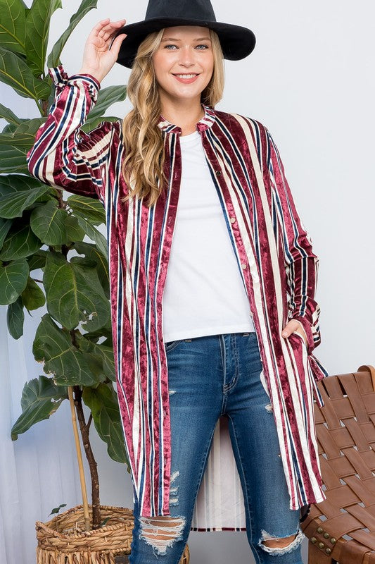 Women's Casual Stripe Velvet Long Cardigan