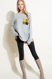 Women's Loose Fit Solid and Plaid Long Sleeve Top