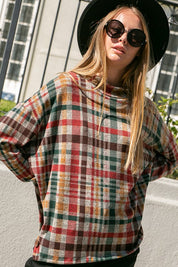 Women's Oversized Plaid Mock Neck Top with Side Buttons