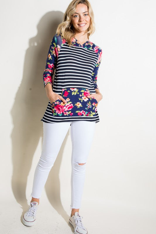 Women's Casual Stripe Floral Mix Hoodie Top