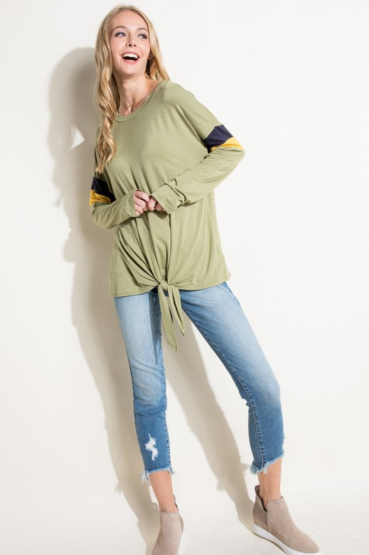 Women's Casual Color Block Front Tie Long Sleeve Top