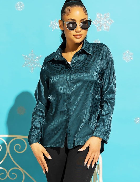 Women's Satin Leopard Print Button Down Top