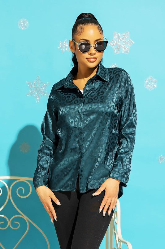 Women's Satin Leopard Print Button Down Top