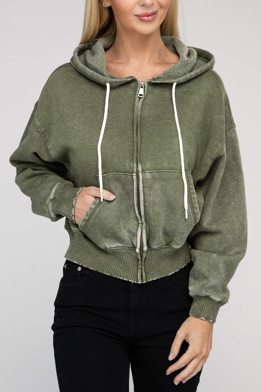 Women's Relaxed Fit Acid Wash Fleece Cropped Zip-Up Hoodie